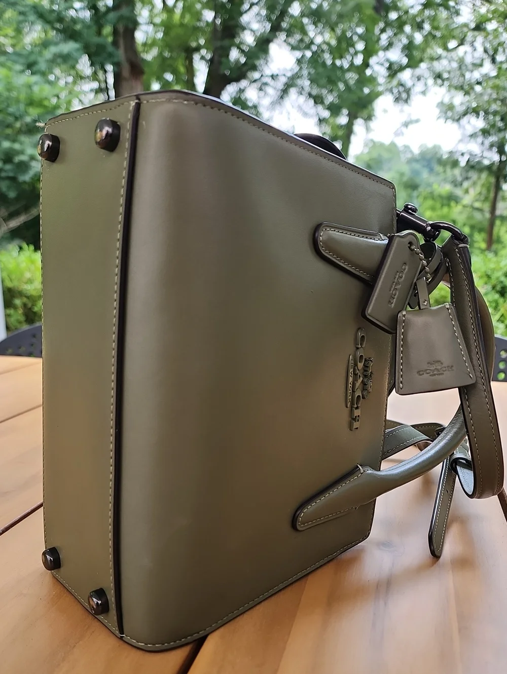 Coach Andrea Carryall Bag Leather Military Green Satchel Crossbody CP081
